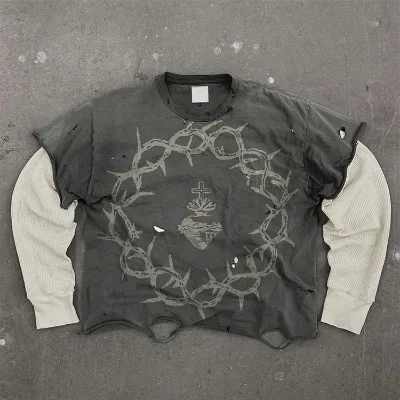 Custom Screen Print T-shirt Vintage Cotton Ripped Waffle Top Distressed Stone Acid Wash Double Layer Long Sleeve T Shirt for Men