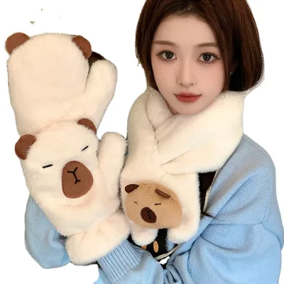 Linda Hot Selling Capibala Plush All-inclusive Mittens Winter Velvet Warm Halterneck Student Capybara Gloves Scarf Set
