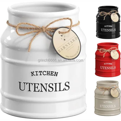 Ceramic Farmhouse Utensil Holder for Kitchen Counter, Large Rustic Utensil Crock Countertop Cooking Tool Spatula Organizer