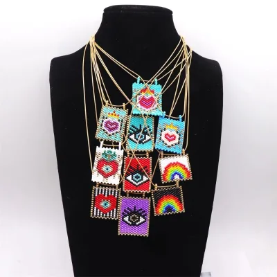 Good Quality Bohemian-Style Rainbow Heart Eye Necklace New Fashionable Multicolor Seed Bead Handcrafted Stainless Steel Gift