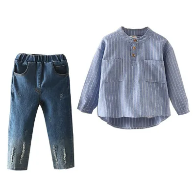 High Quality Casual Striped Denim Kids Long Sleeve Shirt and Jeans Trousers 2-6 Years Autumn Children Gift Set