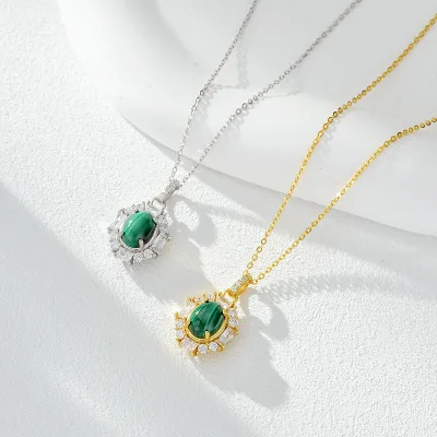 925 Sterling Silver Fashion Retro Green Oval Zircon Geometry Pendant Necklace Gold Plated Classic Necklace for Women