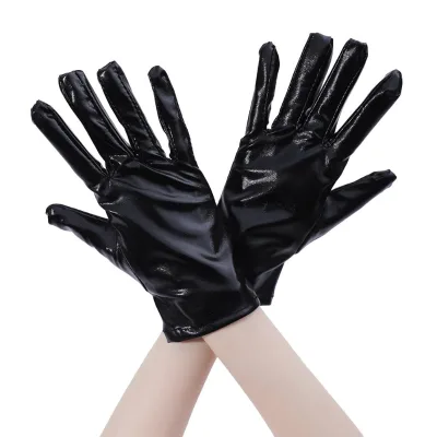 Black Patent Leather Gloves & Mittens Wetlook Short Style for Winter Dance Party Stage Performance Punk Etiquette Wetlook Bright