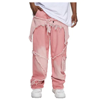 Men's Heavyweight Straight Baggy Patchwork Denim Patches Jeans High Waist Loose Cargo Trousers Pink Button Button Button