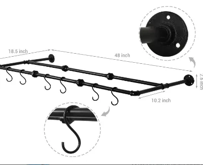 Industrial Matte Black Metal Wall Mounted Exercise Yoga Ball Storage Rack with 6 S-Hooks for Fitness Equipment