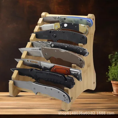 Wholesale Double-Tier Standing Knife Rack Display Case Wood Fixed Holder for up to 8 Knives and Dinnerware Tool Stand