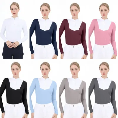 Popular Women's Equestrian Sportswear Color Blocking Competition Tops Breathable Mesh Durable Spandex Customizable Multi-Color