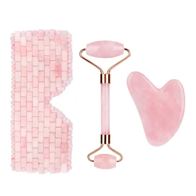Best Gift Wholesale 3 in 1 Natural Rose Quartz Face Roller Cooling Custom Logo Rose Quartz Eye Mask and Gus Sha Jade Roller Set