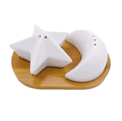 Star Moon Salt and Pepper Jar Pot Cellar Container Box with Bamboo Base