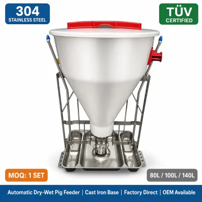 Big China Factory 100KG SS304 Automatic Pig Feeder Dry Wet Grow Finish Hog Feeder Cast Iron Base OEM Custom Logo Farm Supply