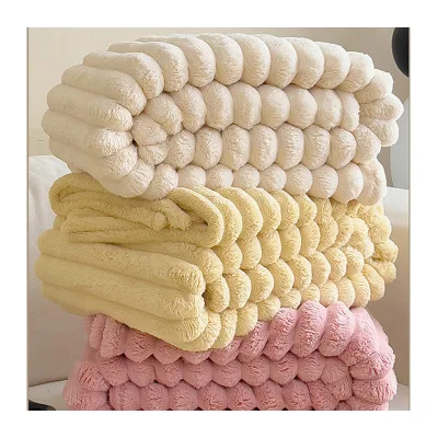 Solid 3D Ribbed Pattern Warm Blankets Wholesale Soft Lightweight Fuzzy Cozy Luxury Flannel 100% Polyester Skin-Friendly