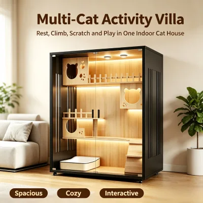 Multi-Cat Activity Villa Large Wooden Cat Cabinet with Private Nests Climbing Platforms Hanging Bridge and Cozy Rest Areas