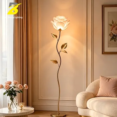 Bionic Single Rose Sculpture Floor Lamp Curved Twisted Brushed Gold Stem Metal Leaf Decor Frosted Translucent Flower Shade Warm