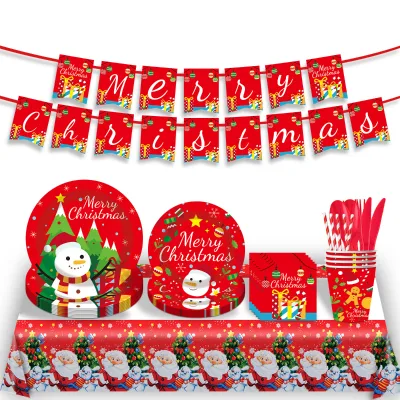 Modern Christmas Themed Disposable Tableware Set Round Paper Tray Cup Napkin Banner for Birthday Party