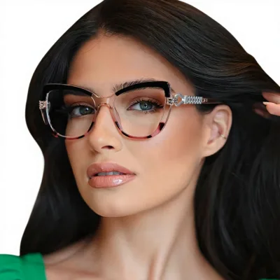 Fashionable Everyday Anti-Blue-Light Plain Full-Rim Cat-Eye Glasses Slimming Effect Featuring Chic Color-Block Adorned Frame