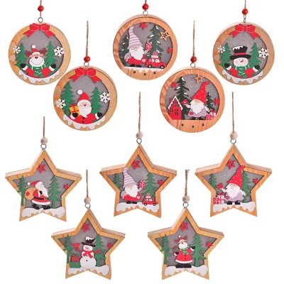 Farmhouse Rustic 3D LED Christmas Decorations Wood Star Shape Hanging Tree Ornaments Set Promotional Party Supplies