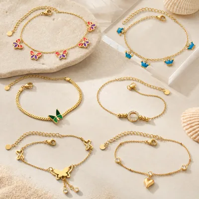 Wholesale Gold Plated Stainless Steel Charm Anklet Colorful Enamel Butterfly Heart CZ Adjustable Ankle Bracelet for Women