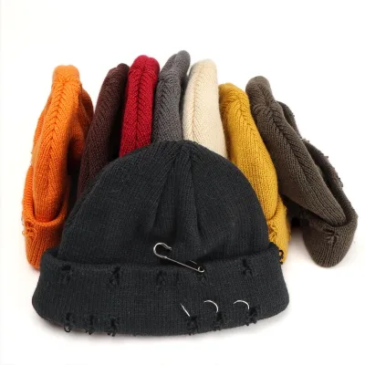 Womens Jacquard Knitted Beanie Autumn Winter Button Distressed Hip-Hop Style Hole-Detail Bucket Hat Warm 56-58cm Head Beanie
