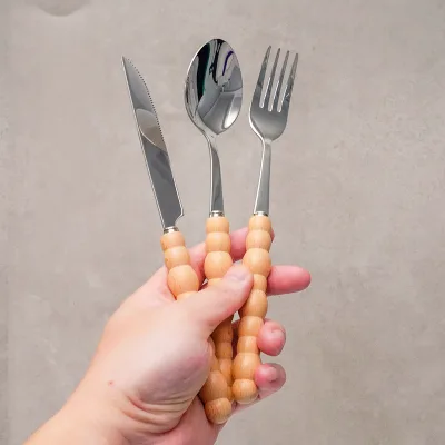 Environmental Friendly Handwork Natural Bamboo Wood Handle Cutlery Set Stainless Steel 304 Silverware Set 3pcs Cutlery Set