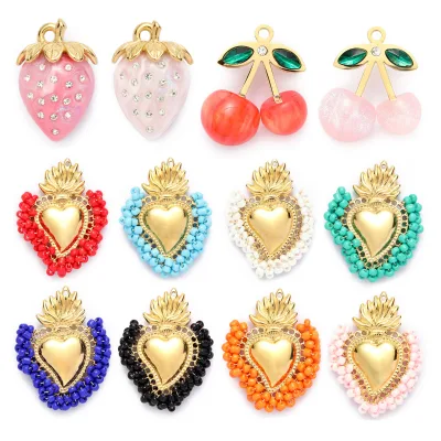 Fashion Jewelry Pendant for Daily Life Brass Heart Strawberry Cherry Resin for DIY Charm Necklace Jewelry