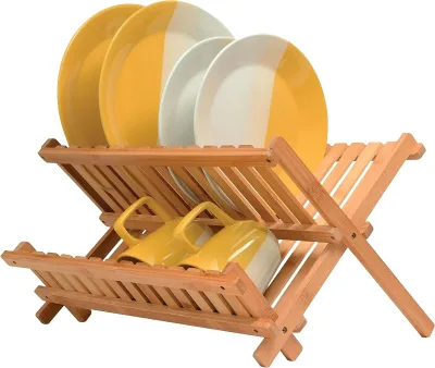 2 Tier Bamboo Foldable Dish Drying Rack Waterproof Durable Home Selection