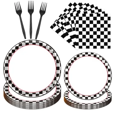 Rakuto Cars 4th Birthday Party Plates & Napkins Set 96PCS Need Four Speed Checkered Design Black & White Disposable Tableware