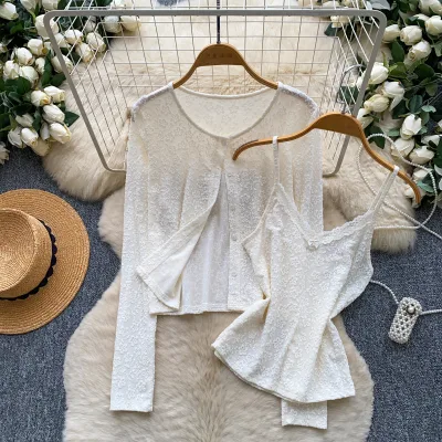 Women's 2 Piece Floral Lace Set Long Sleeve Button Front Cardigan Spaghetti Strap Cami Top Spring Summer Casual Wear