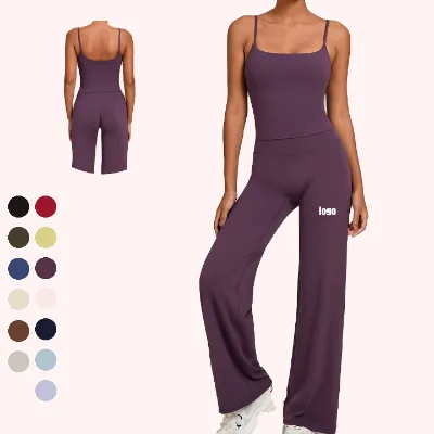 Wholesale Women's U Back Thin Strap Breathable Solid Front Logo High Waist Two-Piece Sportswear Activewear Yoga Joggers Set