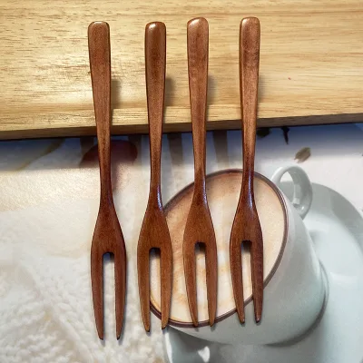 Wholesale 14cm Reusable Wooden Mini Fruit Fork Two Tooth Cake Salad Dessert Forks