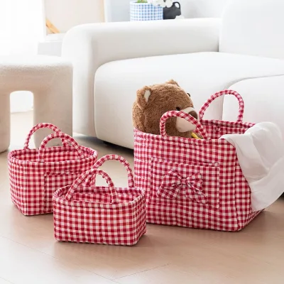 Fashion Plaid Fabric Storage Basket, Foldable Quilted Organizer Bin with Handles for Sundries Home Storage Diaper Caddy