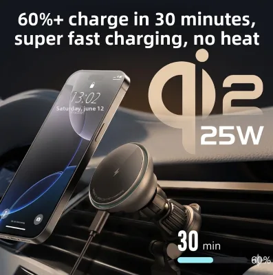 Premium 25W Magnetic Wireless Car Charger 360° Rotation Phone Holder with Built-in Cooling Fan for iPhone 17 16 for Samsung S26