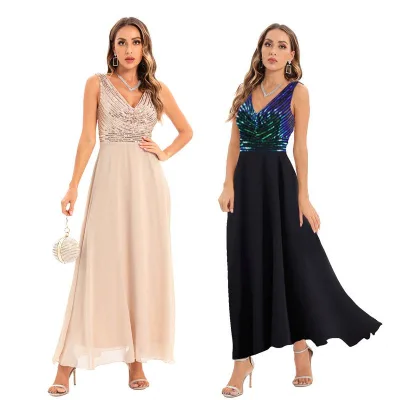 Latest Design Shining Sequin V-Neck Sleeveless Women Long Luxury Evening Gown Dress