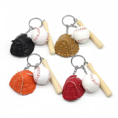 Mini Baseball Sports Keychain Wood Material with Bat Glove Ball