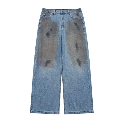 Dirty Wash Stacked Style Jeans for Men Thick 14oz Denim Light Blue Baggy Pants Brown Stains Design Street Trend Stylish Menswear
