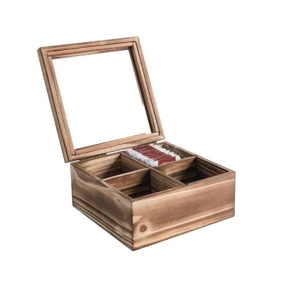4 Compartments Wooden Tea Bag Organizer Tea Packet Collection Box With Transparent Glass Window Stash Box