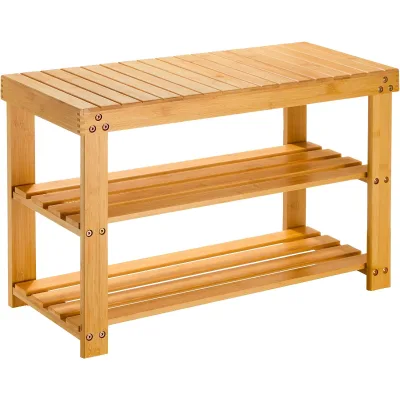 Bamboo Shoe Rack Bench 3-layer Solid Shoe Stool Storage Shoe Storage Box Suitable for Entrance Bedroom Living Room Balcony Brown