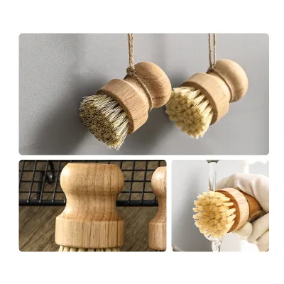 Multi Functional Wooden Round Sisal Hemp Vegetable Pot Vegetable Wooden Cleaning Brush For Kitchen Clean