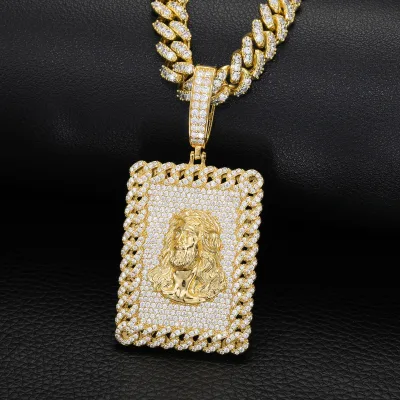 New European and American Hip-Hop Style Inlaid Zircon Rectangular Portrait Pendant Necklace, Trendy Jewelry Accessories for Men