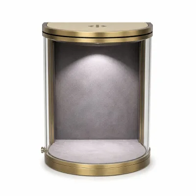 Premium Brushed Circular Glass Jewelry Showcase Cabinet with Velvet Lining Illuminated Lockable Hanging Display