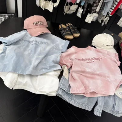 2025 Summer Childrens American-Style Tie-Dye Letter Short-Sleeve Cotton Moisture-Wicking T-Shirt Stylish Ombre Top Boys