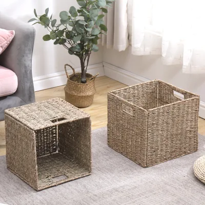 Natural Seagrass Laundry Basket Handmade Durable Foldable Cloth Toy Storage Basket With Handles Home Hotel Decoration