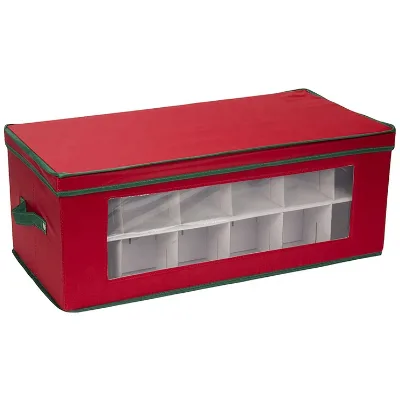 Large Christmas Tree Ornament Storage Box Red Bin with Green Trim Holds up to 36 Xmas Ornaments