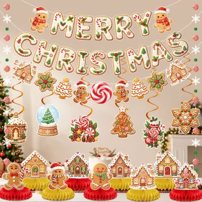 For Christmas Party Decorations Gingerbread Man Banner Hanging Ornaments Honeycomb Centerpieces Venue-Setting Props