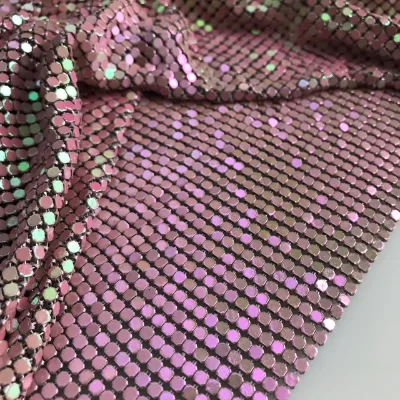 Trending Metal Fabric Iridescent Pink Aluminum Metal Chain Mail Mesh Fabric