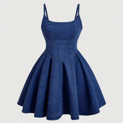 Trendy Sweet Slim Fit Sleeveless Denim Corset a Line Mini Dress with Spaghetti Straps for Summer Casual Streetwear