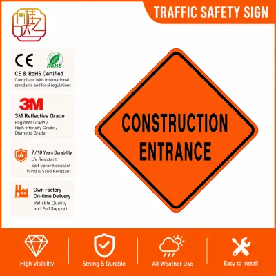 Reflective PVC Safety Warning Sign 24" Orange Diamond Traffic Sign with Second Grade Reflective Film for Roadside Work Zones
