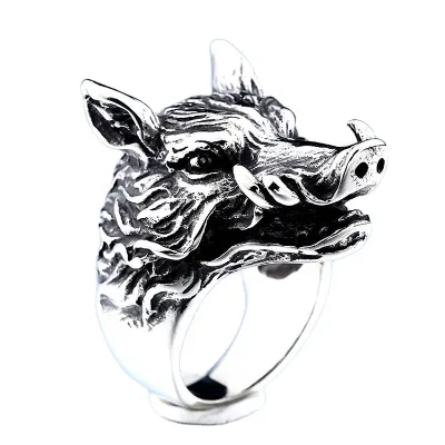 Stainless Steel Retro Animal Viking-Wild Boar Head Ring Anti Wolf Ring for Men
