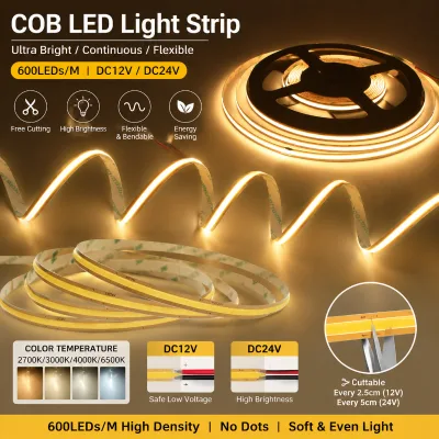 Ultra Bright 8mm Seamless COB LED Strip Light Dotless & Flicker-Free Flexible Cuttable /Wi-Fi Cabinet Stair Lighting