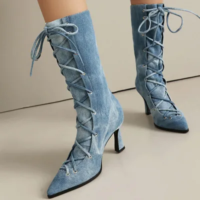 Large Size 48 Denim Front Lace up Trendy Short Booties Low Heels Mid-Calf Boots for Women Pointy Toe Wide Fit Jeans Shoes