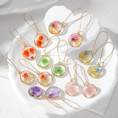 Trendy Geometric Round Flowers Forget-me-not Earrings Gold Plated Dried Flowers with Stars for Wedding Party Gift for Women